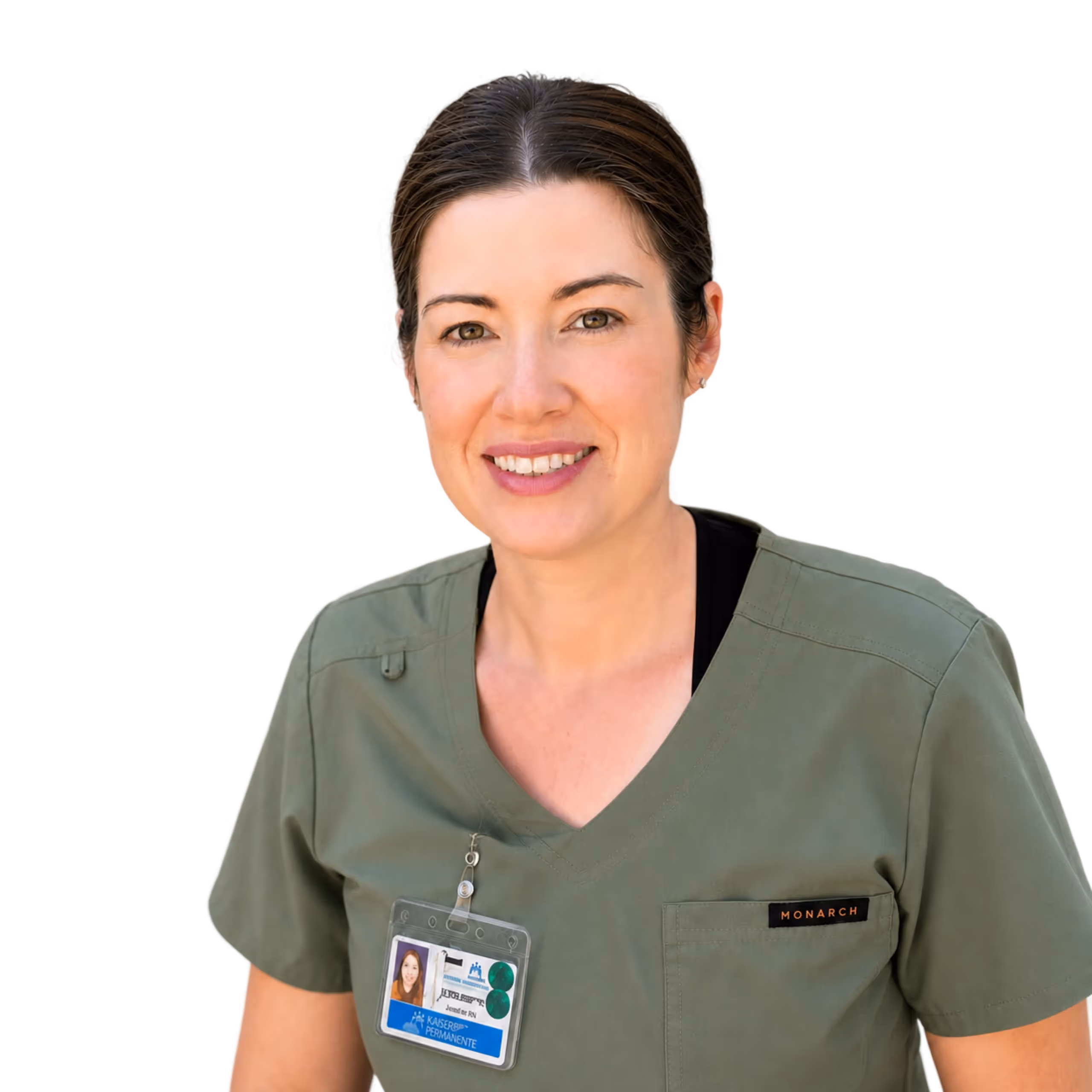 Smiling woman with dark hair tied back, wearing green scrubs and a Kaiser Permanente ID badge.