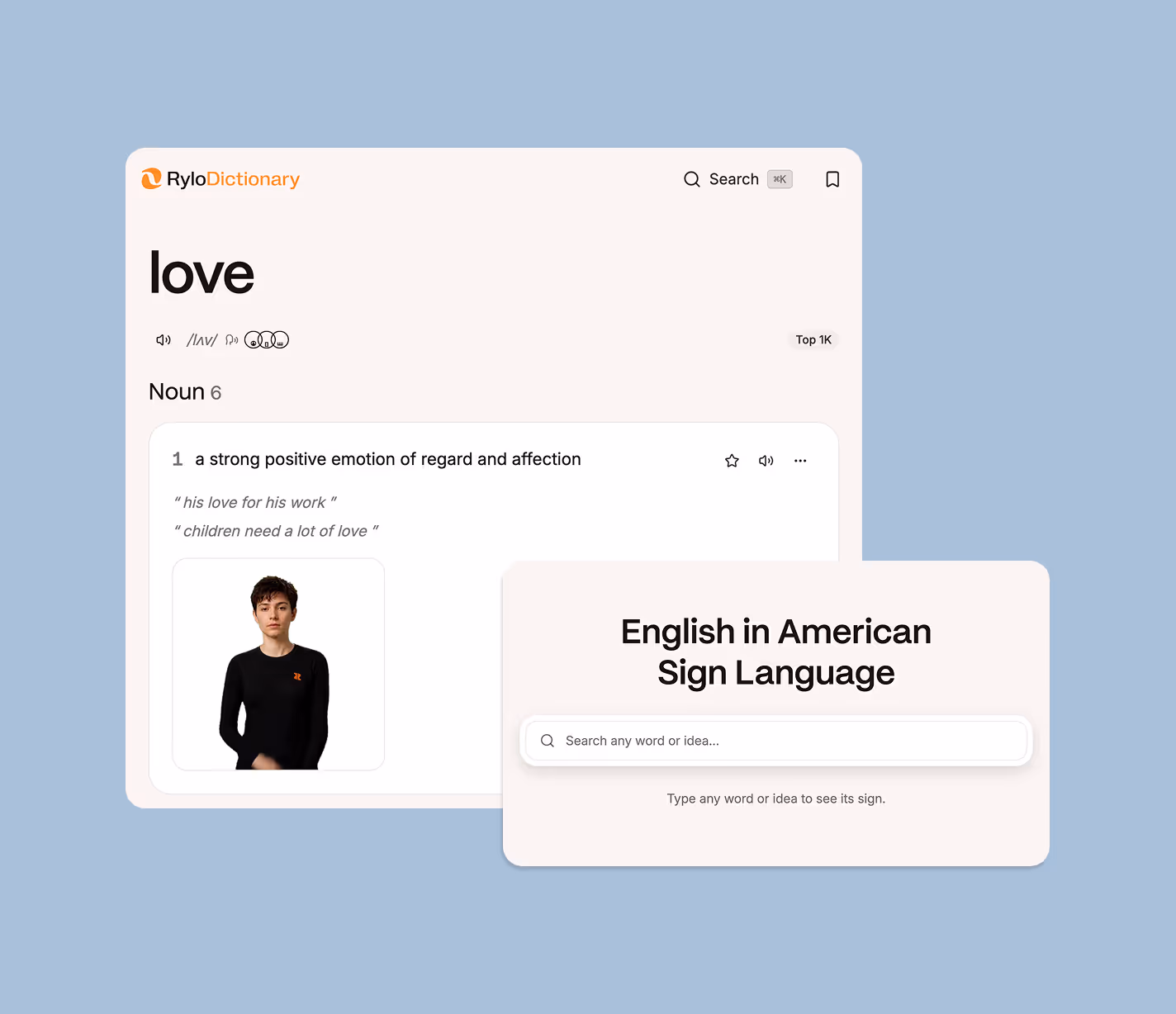 The Rylo Dictionary showing the entry for the word love, with its sign and a search field for any word or idea.