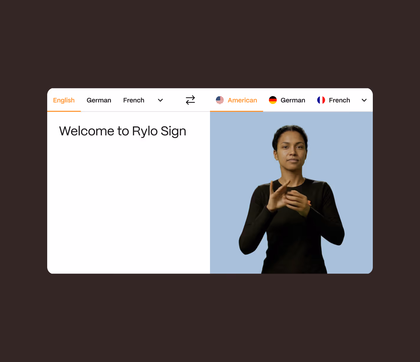 The Rylo Sign Translate app translating English into American Sign Language, with a signer beside the text.