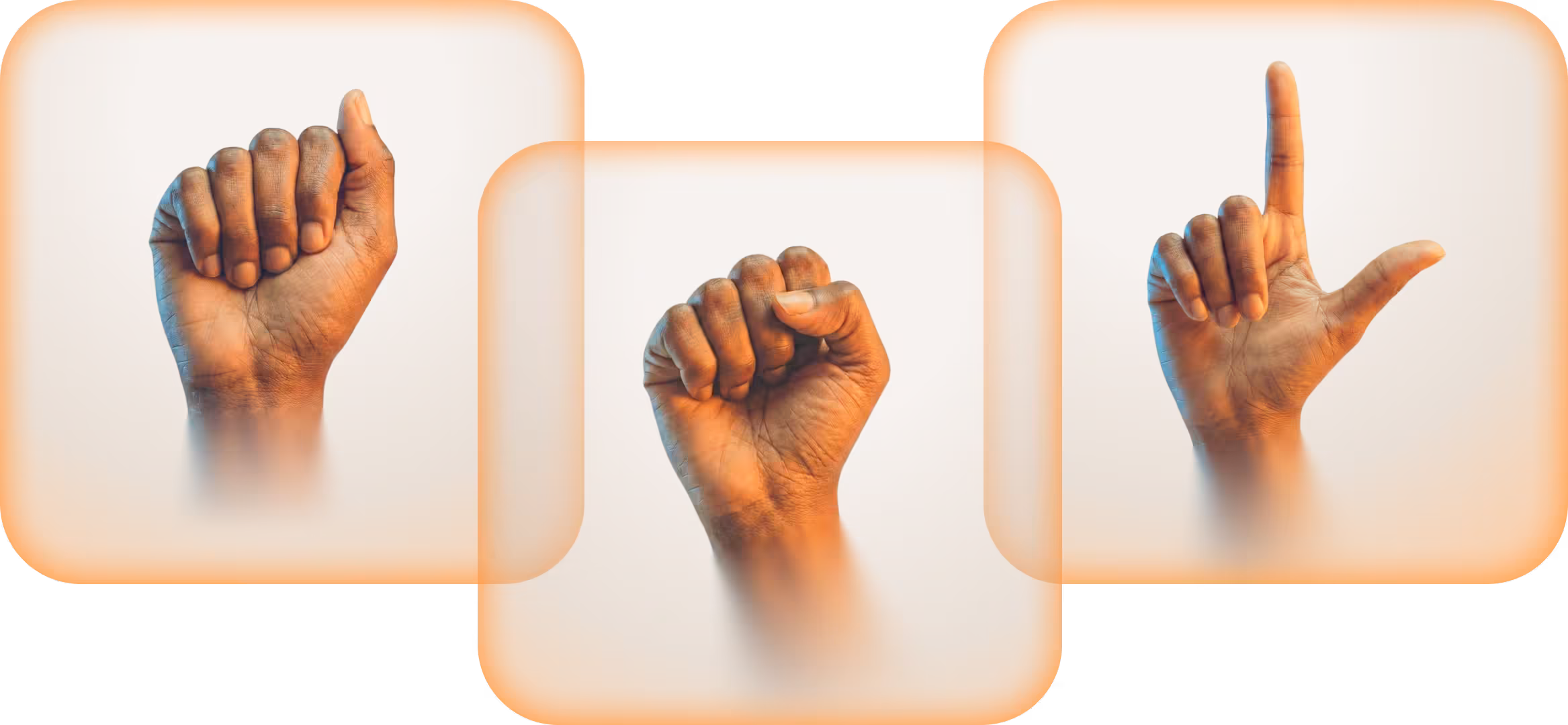 Three overlapping panels, each holding a hand shaping a letter in American Sign Language.